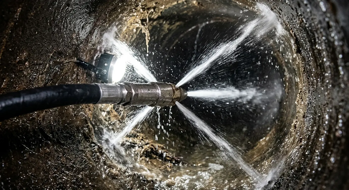 High-pressure hydro jetting nozzle cleaning sewer pipe for Trenchless Sewer Repair in Louisville