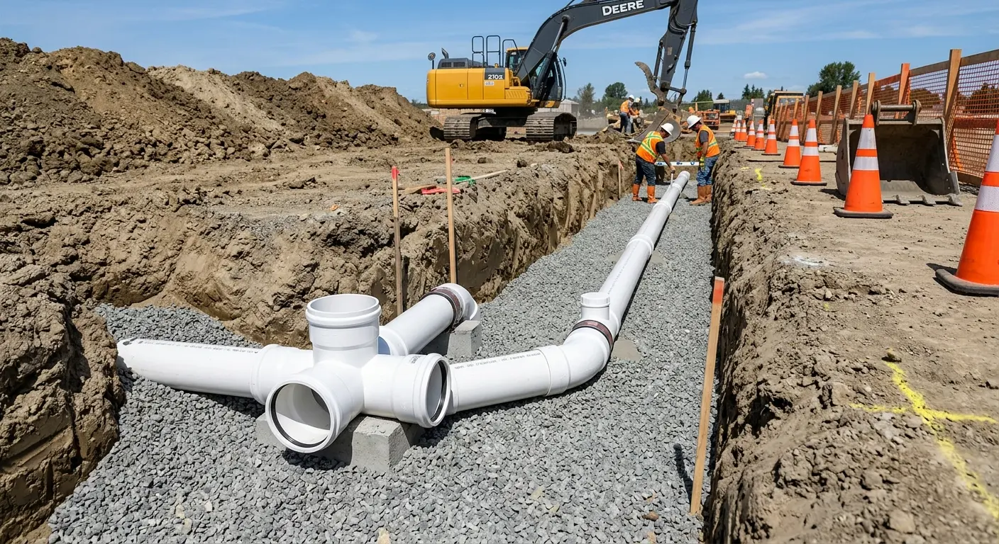 New PVC sewer pipe installation in open trench for Sewer Backup in Louisville