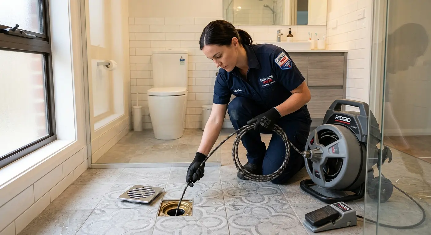 Technician clearing a bathroom floor drain for Sewer Line Replacement in Louisville